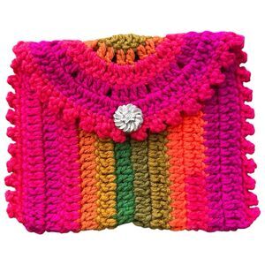 Handmade Crochet Clutch Rainbow Boho Festival Bag Pink Orange Green Stripe